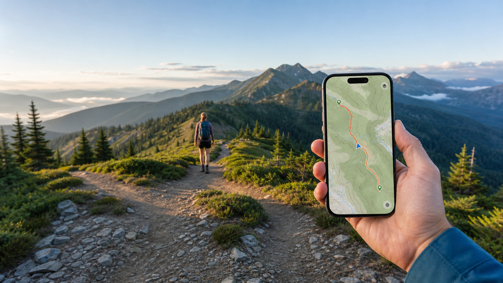 Hiker using an app with an offline trail map