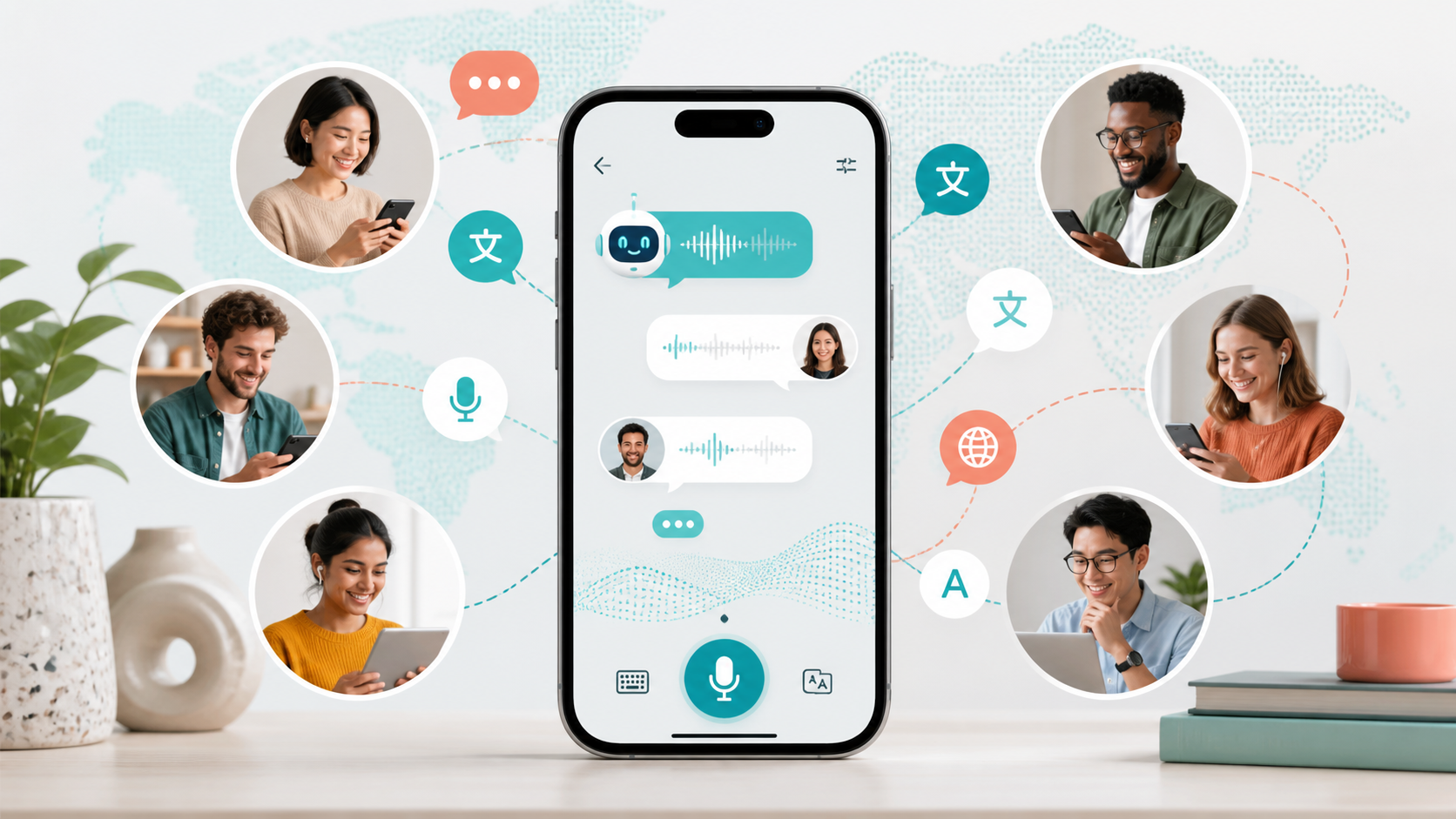 AI language learning app conversation shown on a smartphone with speech and translation cues