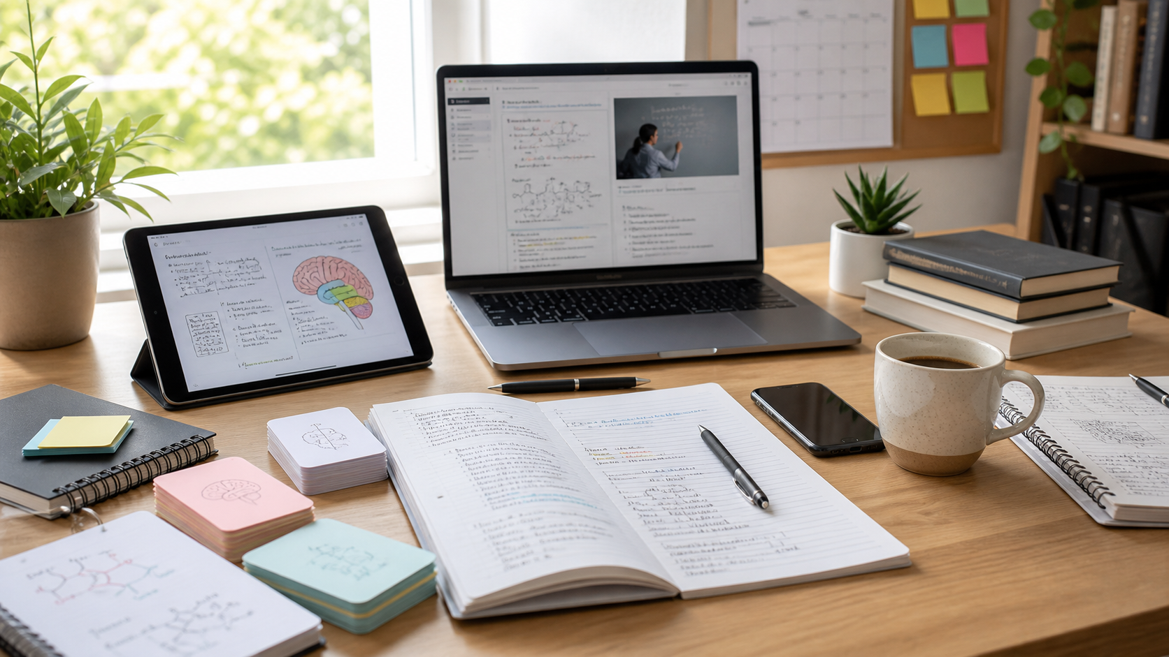 College study desk with a laptop, tablet, flashcards, notes, and a planning calendar