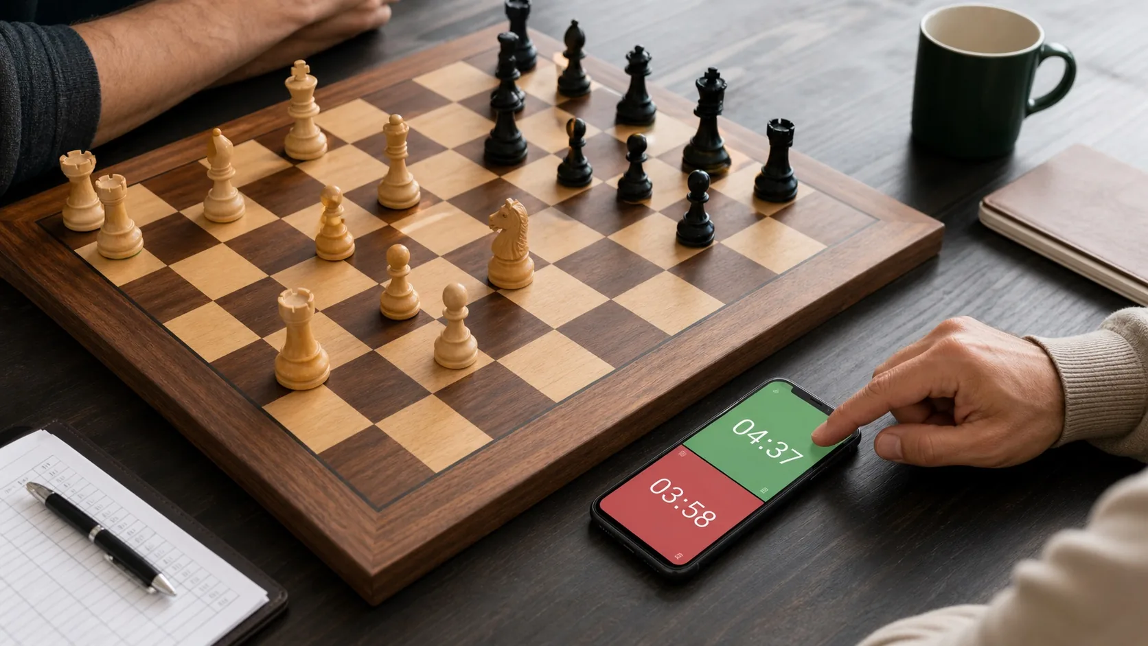 Two players using a smartphone chess clock beside an in-progress chessboard